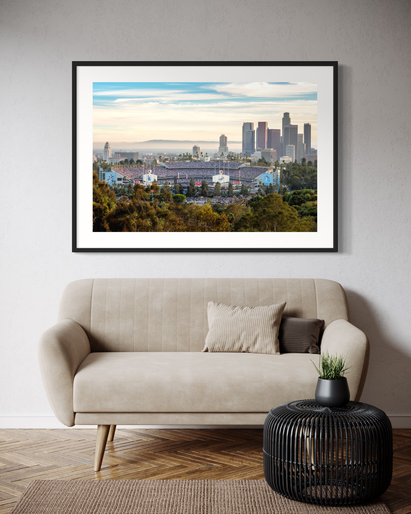 Dodger Stadium 2024 World Series LA Skyline Fine Art Print displayed in a styled room interior 2