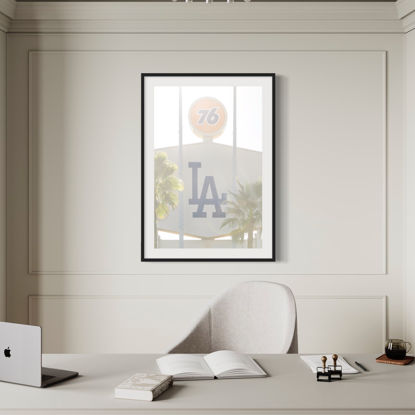 76 & LA Dodger Stadium fine art print displayed in a styled room interior 5