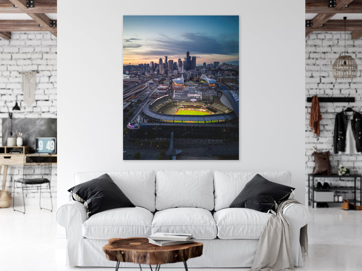 Chris Fabregas Fine Art Photography Seattle Skyline Aerial Photo – Sunset with T-Mobile Park & Lumen Field Wall Art print High-quality fine art photography print 