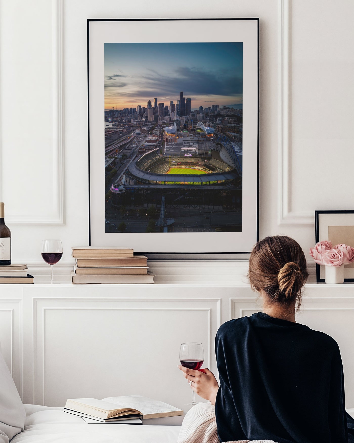 Seattle Skyline Sunset Aerial displayed in a styled room interior