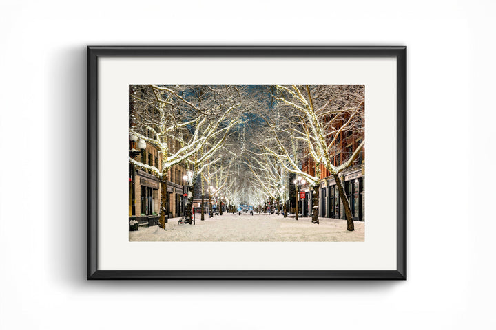 Chris Fabregas Photography Metal, Canvas, Paper Snowy Pioneer Square Seattle Print – Limited Edition Winter Cityscape Art Wall Art print High-quality fine art photography print 