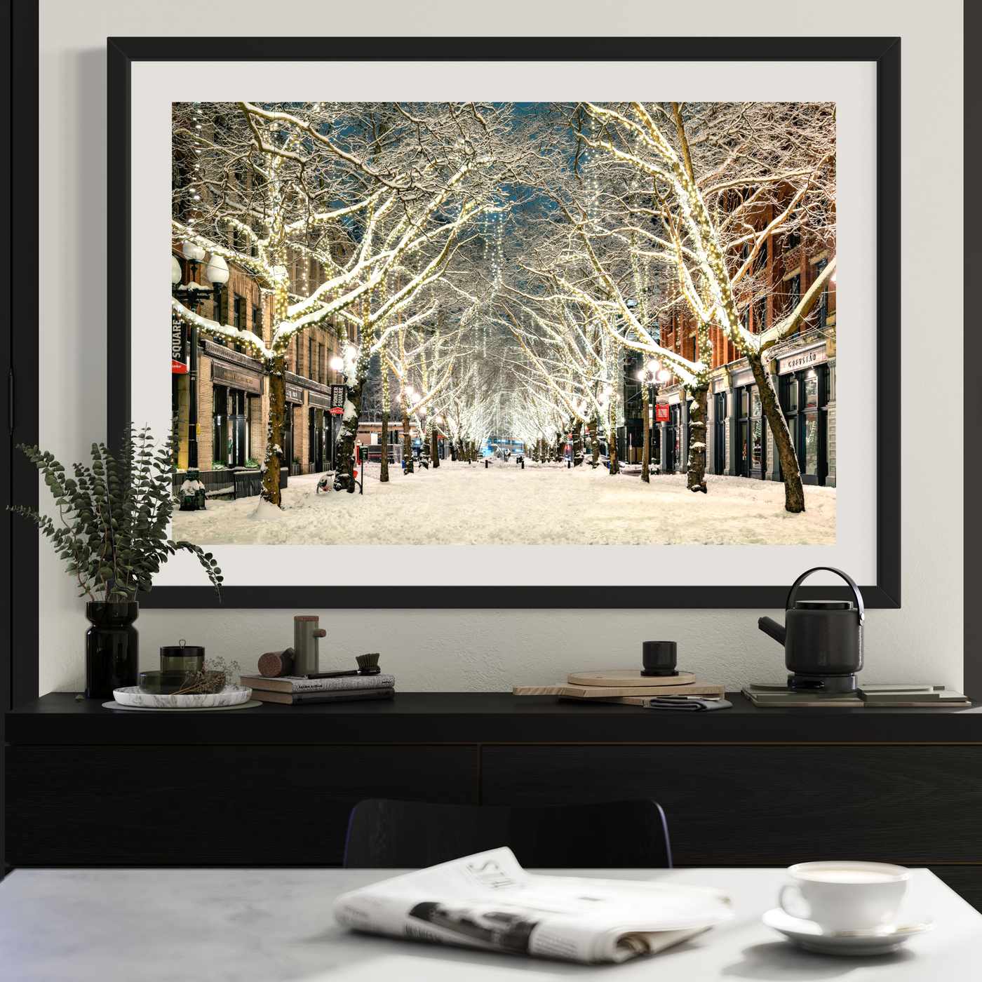Snowy Pioneer Square Seattle Limited Edition displayed in a refined room interior