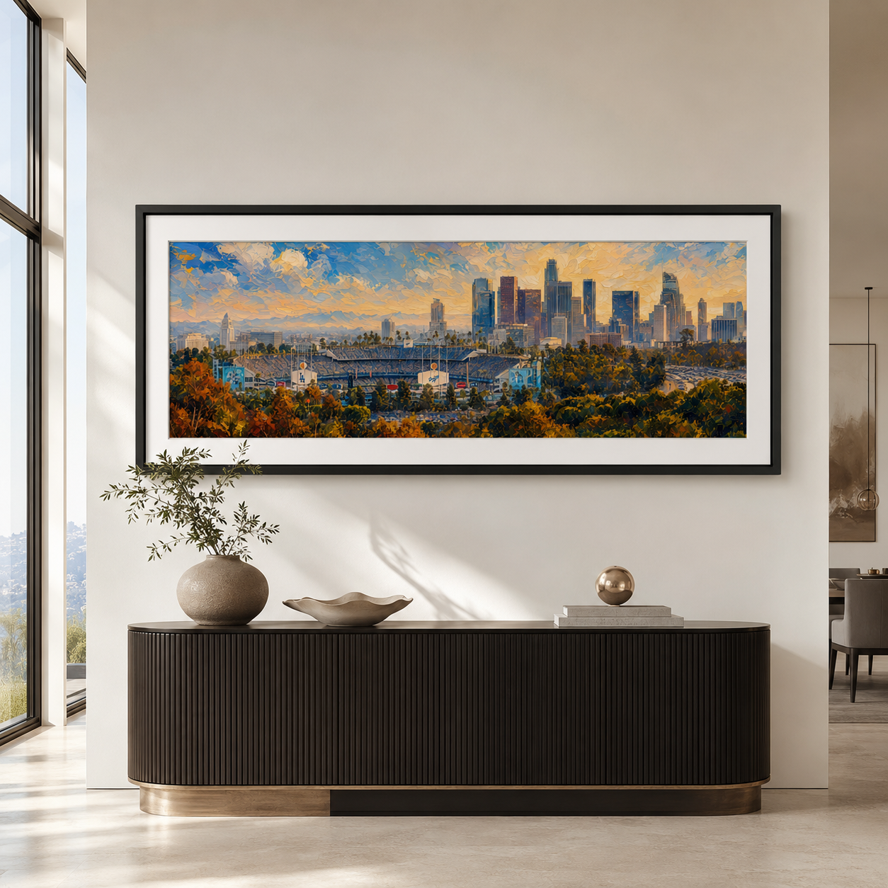 Dodger Stadium and Los Angeles skyline panoramic fine art print displayed in a modern interior