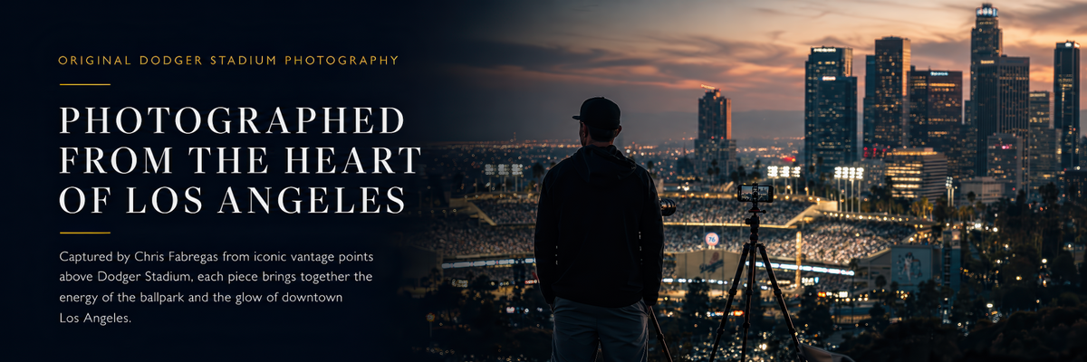 Chris Fabregas photographing Dodger Stadium and the Los Angeles skyline at night