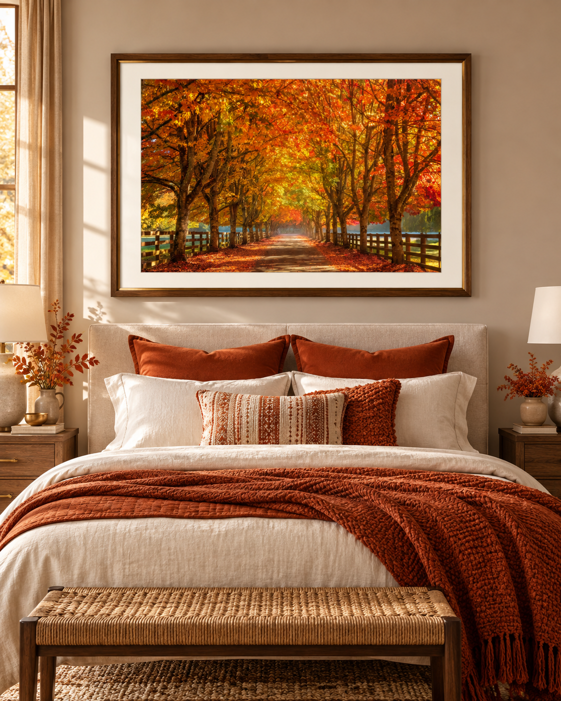 Golden Autumn Tree Tunnel 3:2 fine art photograph displayed in a cozy bedroom above the bed; digitally staged mockup, frame not included