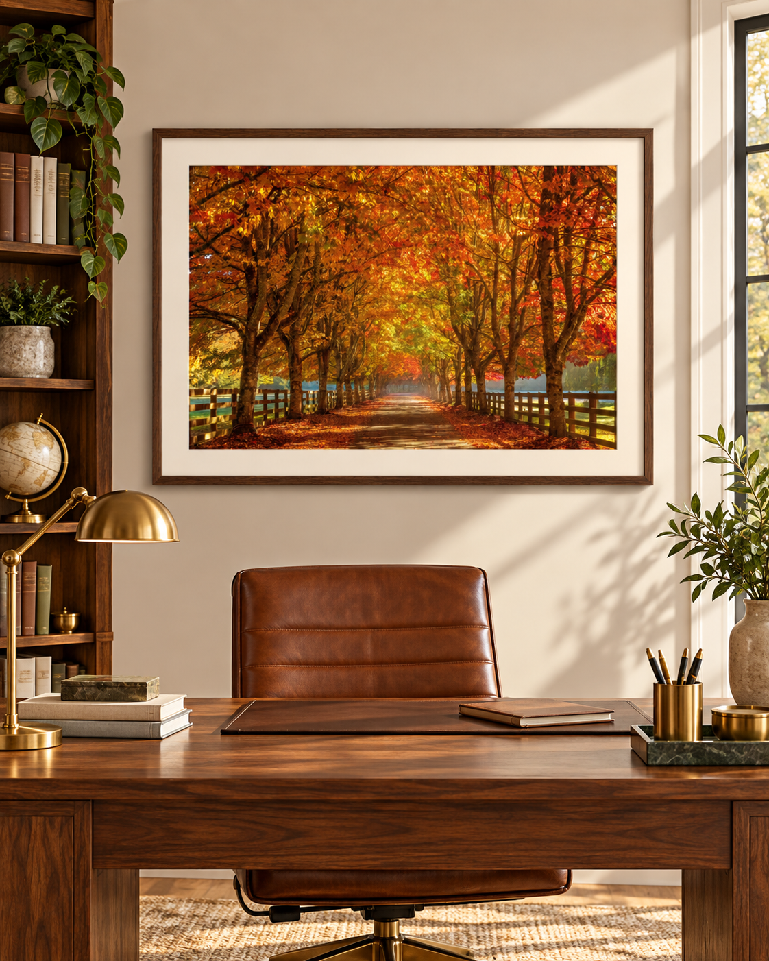 Golden Autumn Tree Tunnel 3:2 fine art photograph displayed in a home office above a walnut desk; digitally staged mockup, frame not included