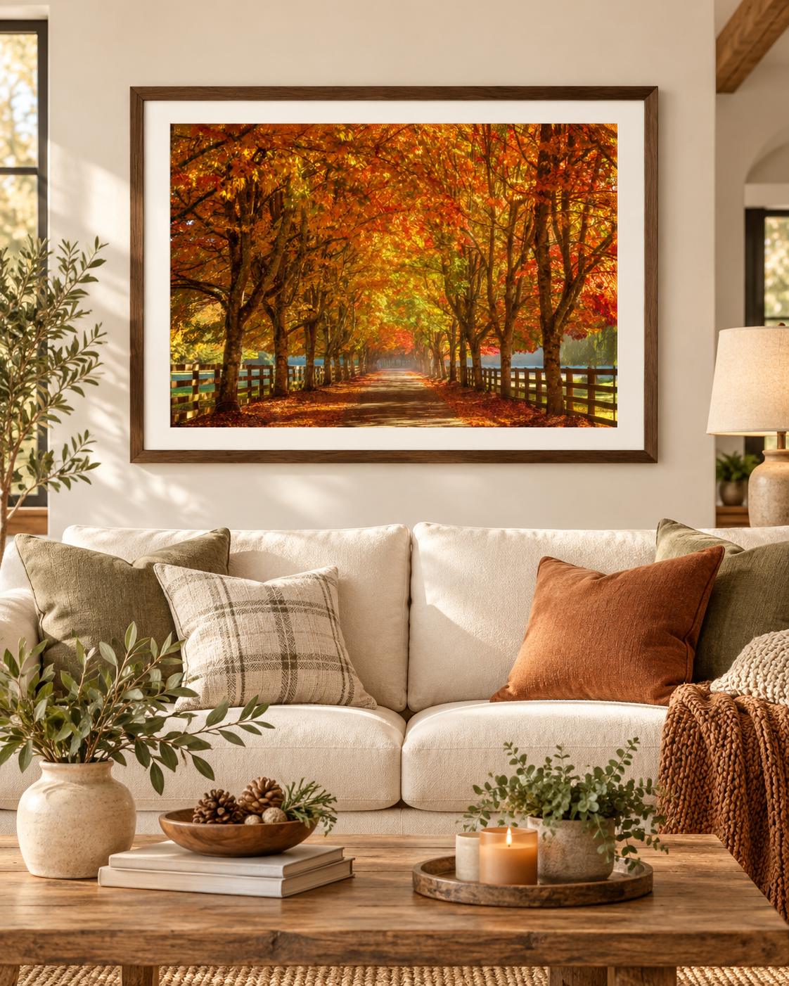 Golden Autumn Tree Tunnel 3:2 fine art photograph displayed in a sunlit living room above a cream sofa; digitally staged mockup, frame not included