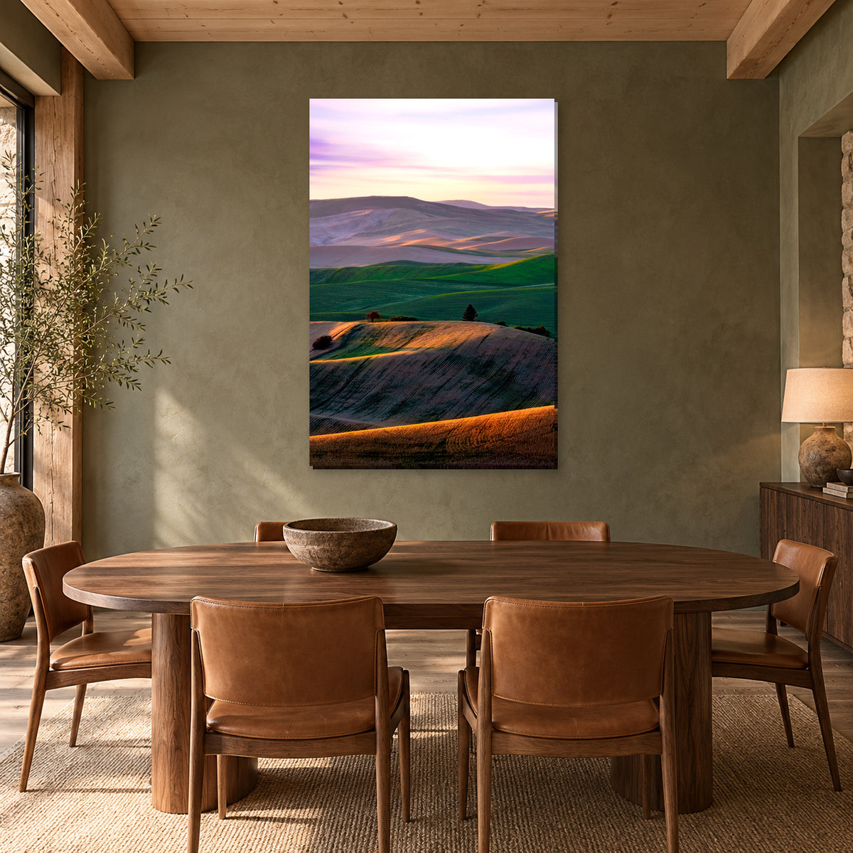 Palouse rolling hills fine art print displayed in a walnut dining room, without a frame; room mockup.