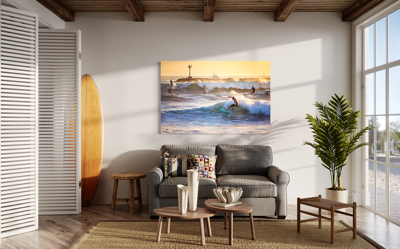 Party Waves Seal Beach Surfer displayed in a styled room interior