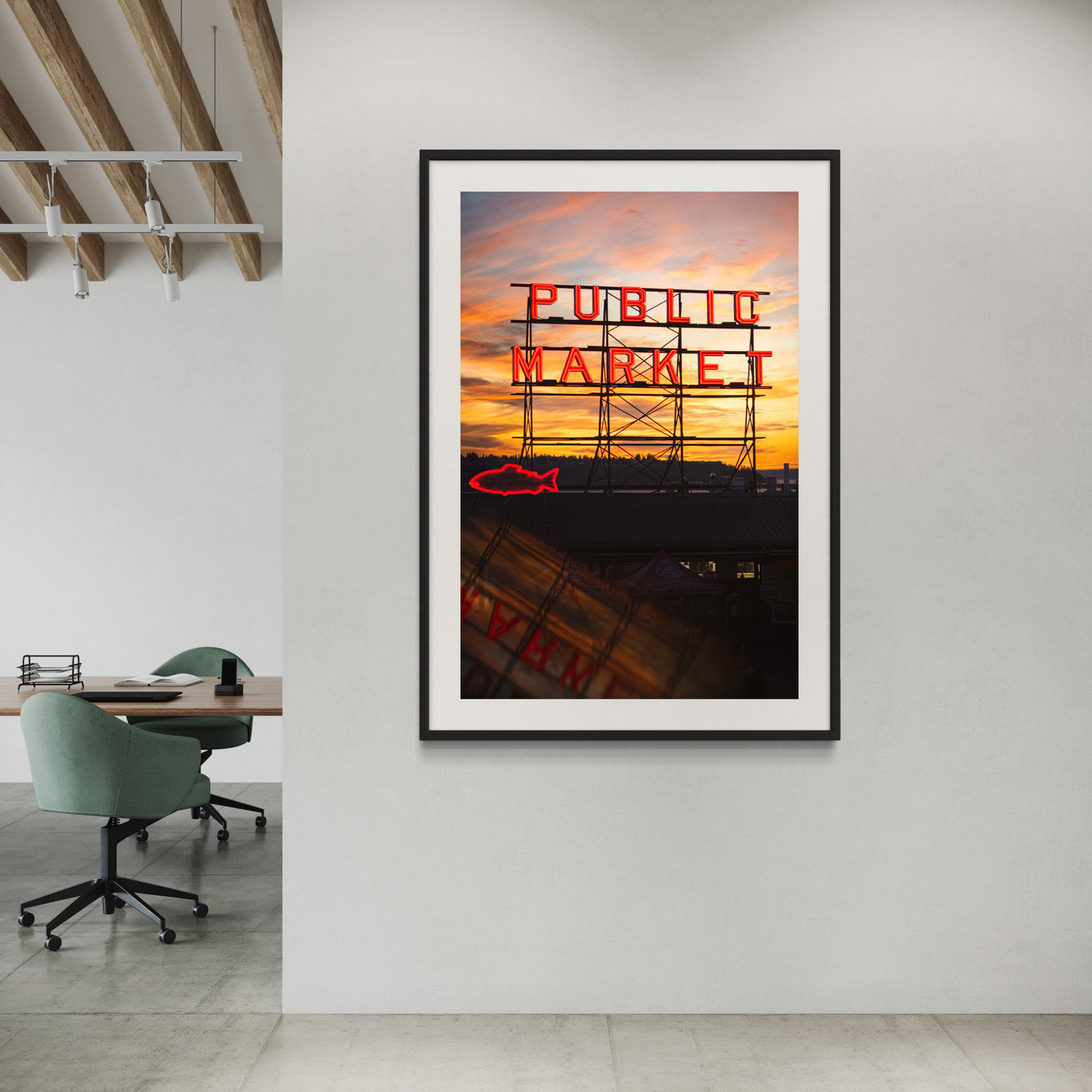 Pike Place Market Neon Sign Seattle displayed in a styled room interior