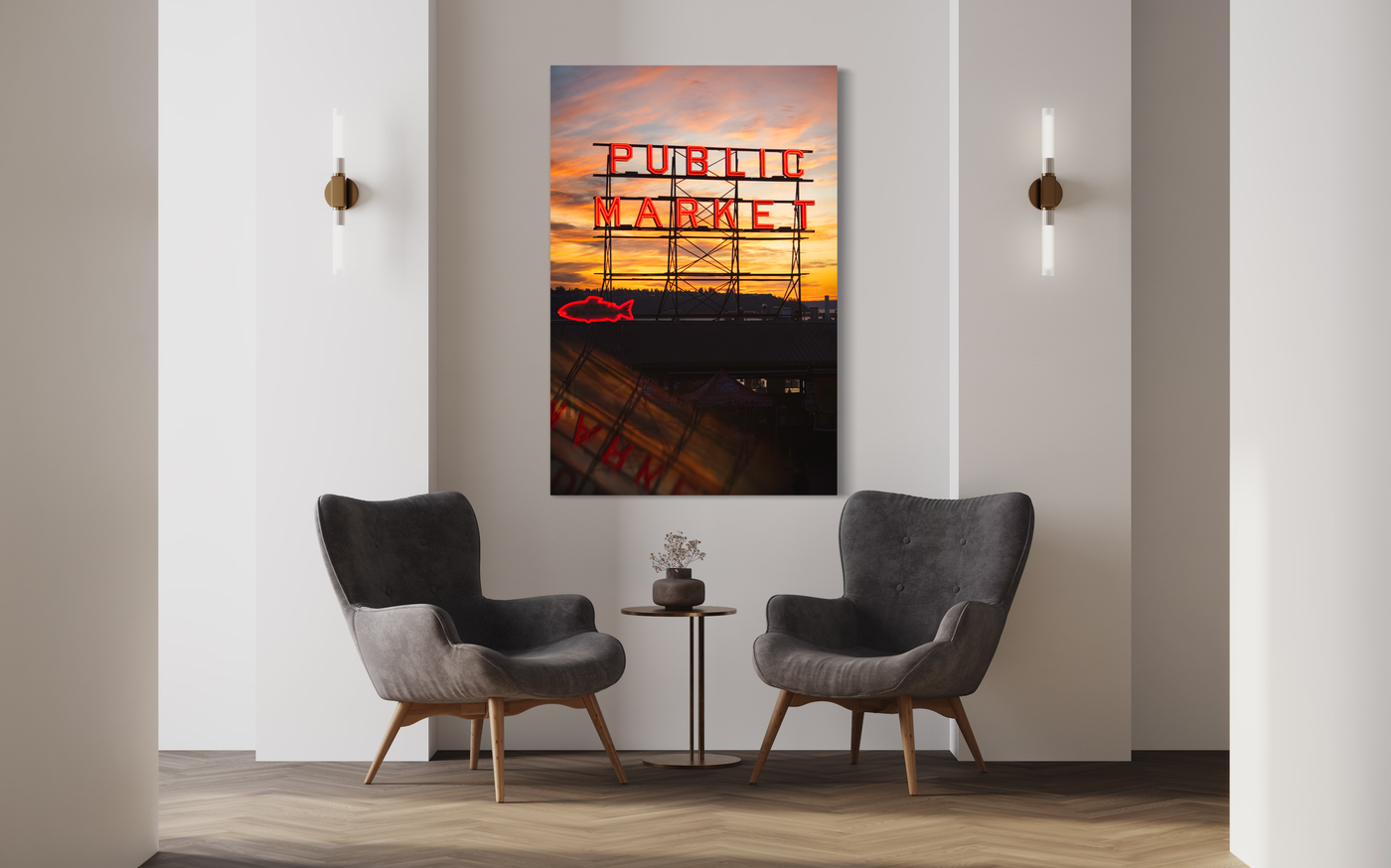 Pike Place Market Neon Sign Seattle displayed in a modern room interior