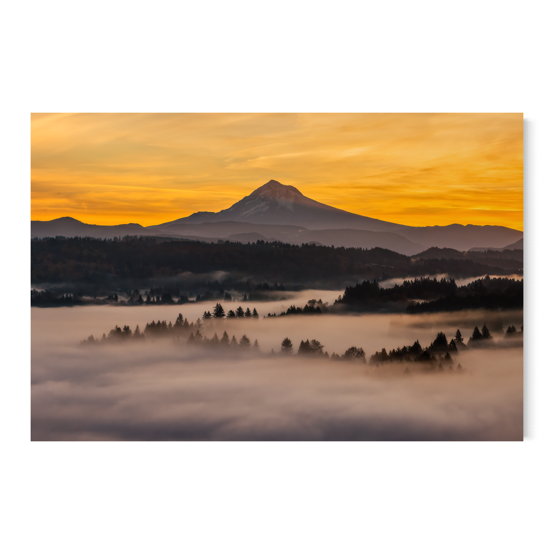 Mount Hood sunrise print, PNW landscape photography, foggy mountain wall art, fine art nature print, golden sky decor, misty morning scenery, travel photography print, nature home decor, scenic mountain artwork, peaceful sunrise photography.