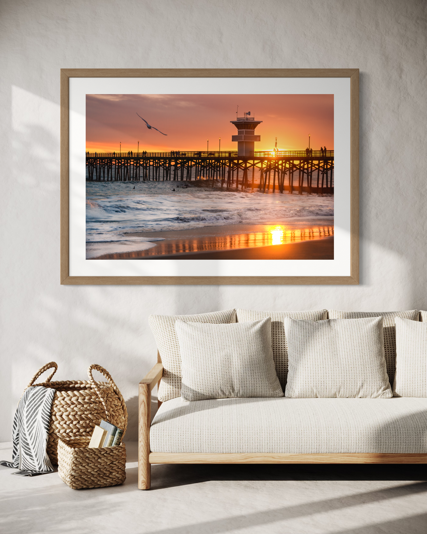 Seal Beach Pier Sunset Limited Edition displayed in a styled room interior