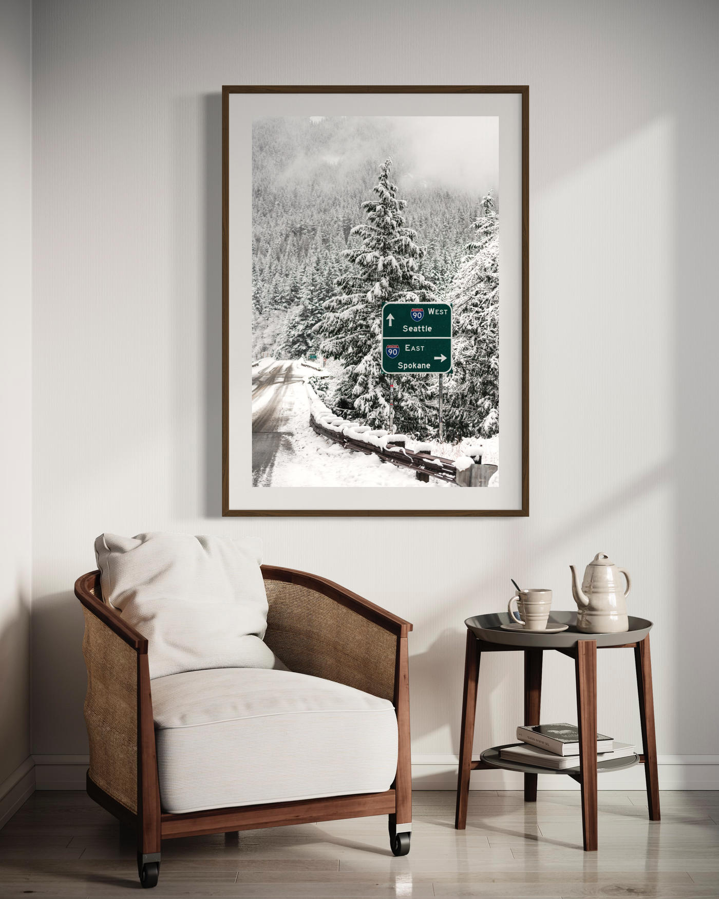 Snowy Mountain Road Pacific Northwest displayed in a contemporary room interior