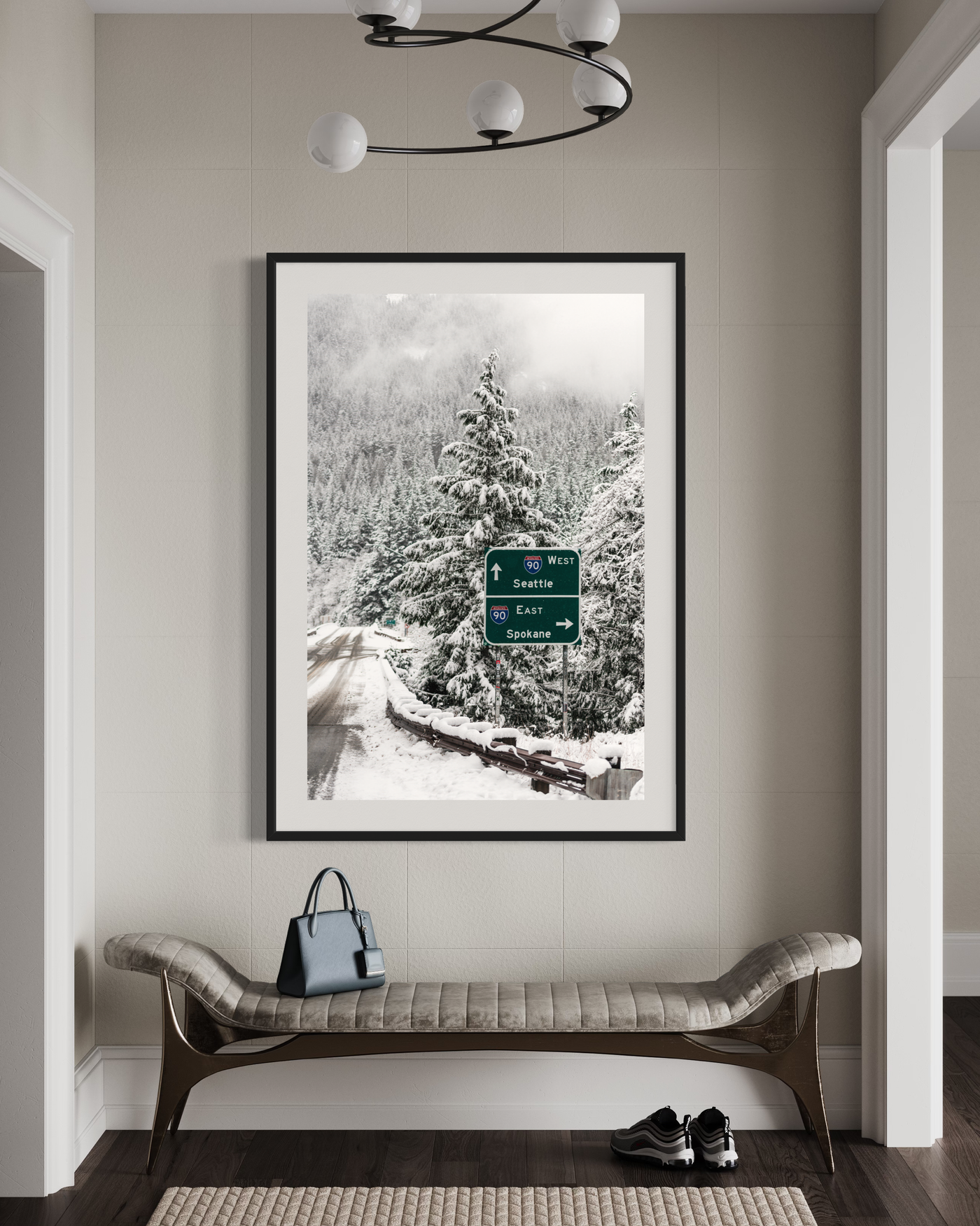 Snowy Mountain Road Pacific Northwest displayed in a styled room interior