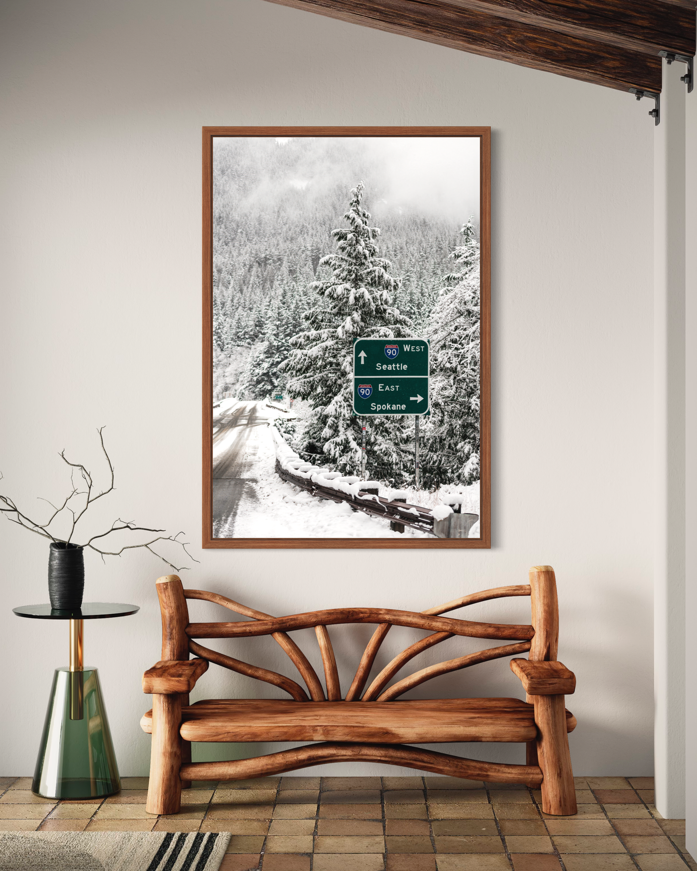 Snowy Mountain Road Pacific Northwest displayed in a modern room interior