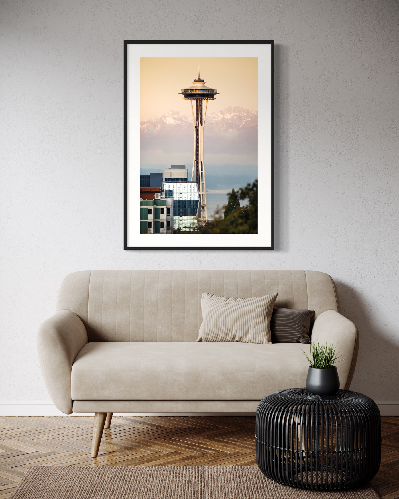 Seattle Space Needle Skyline displayed in a styled room interior