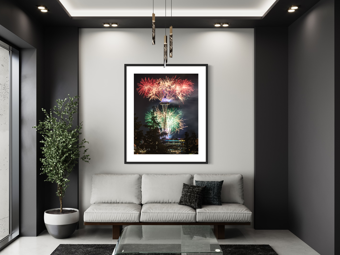 Space Needle New Year’s Eve Fireworks displayed in a home interior