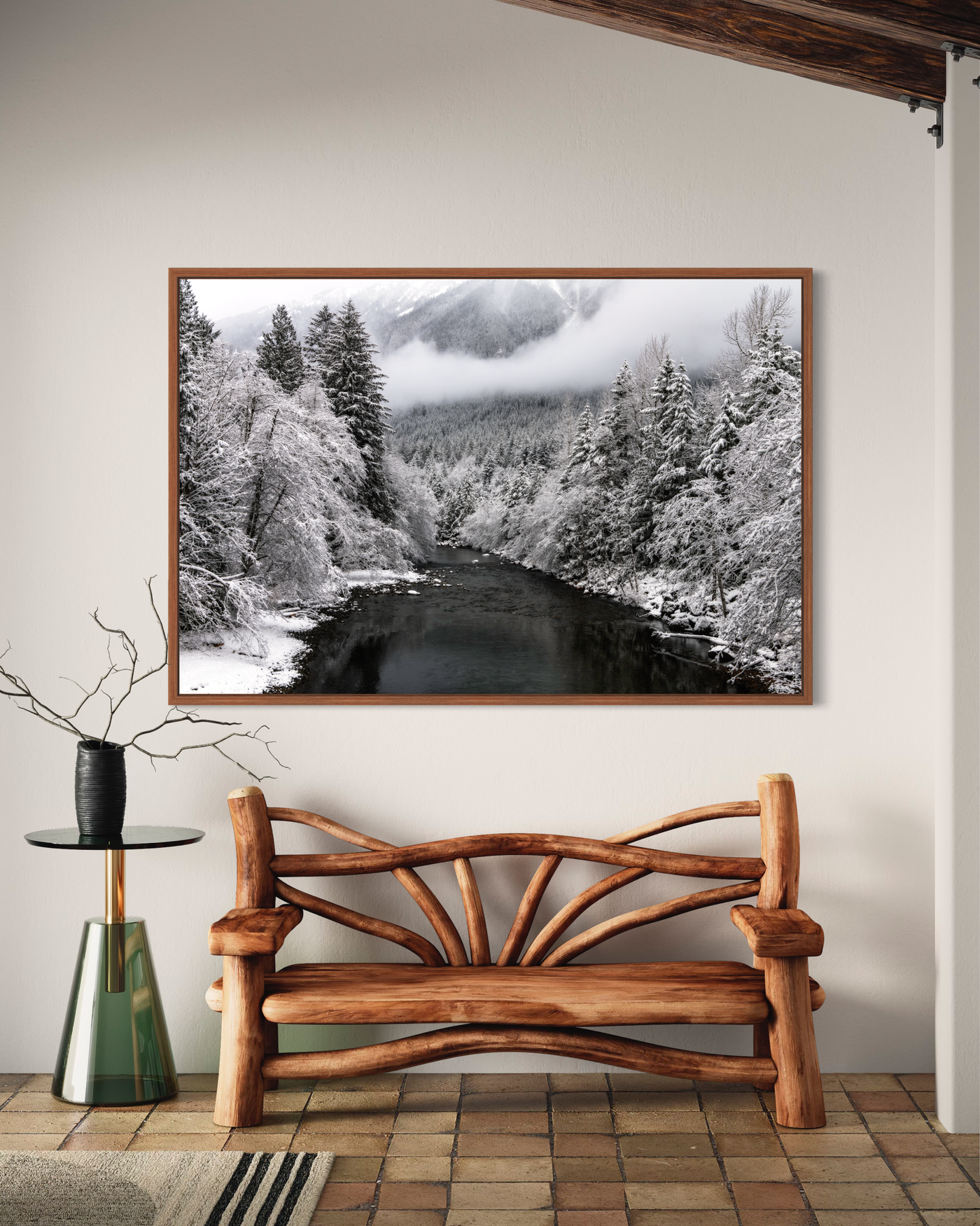 Winter River Snowy Mountain displayed in a contemporary room interior