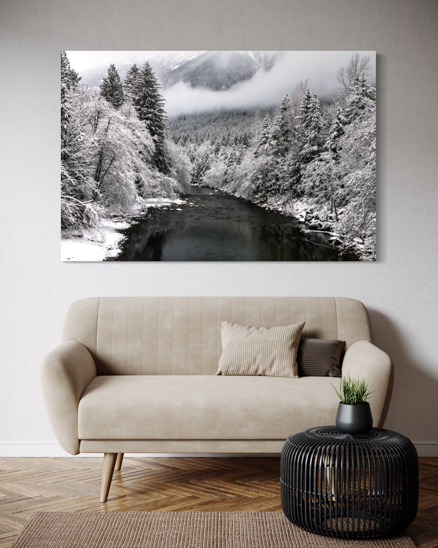 Winter River Snowy Mountain displayed in a modern room interior