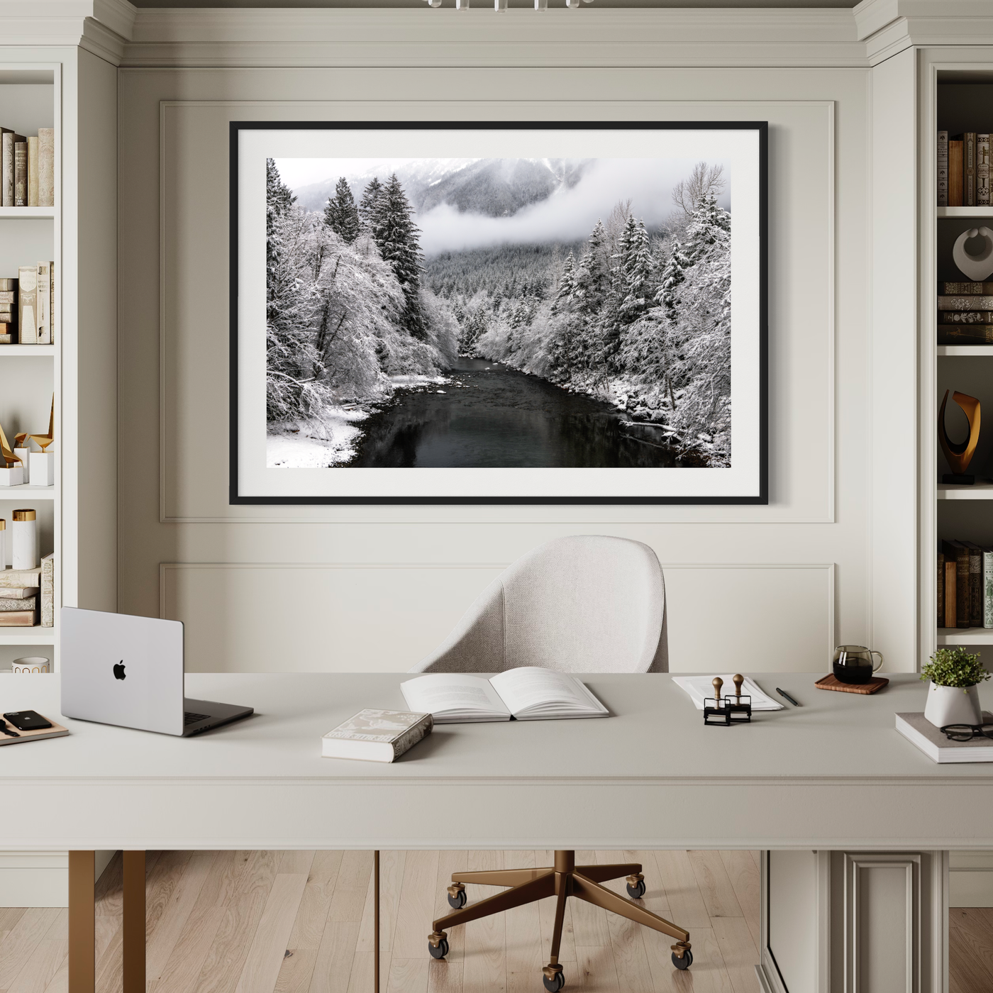 Winter River Snowy Mountain displayed in a refined room interior