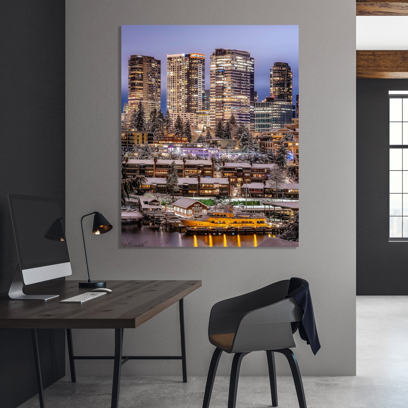 Bellevue Washington Scenic Cityscape displayed in a styled room interior