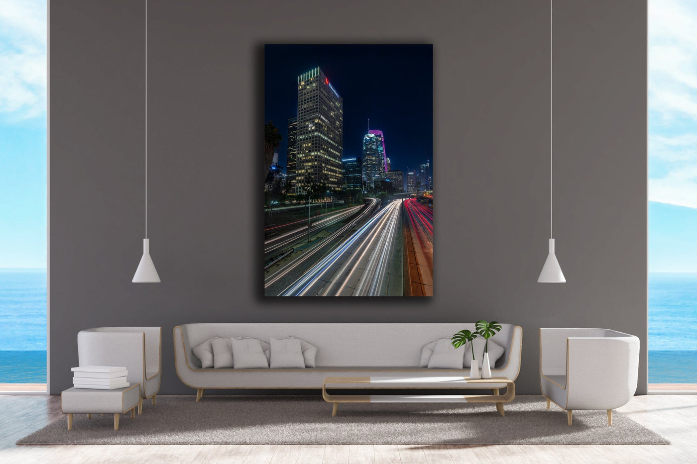 Los Angeles Night Long Exposure displayed in a refined room interior