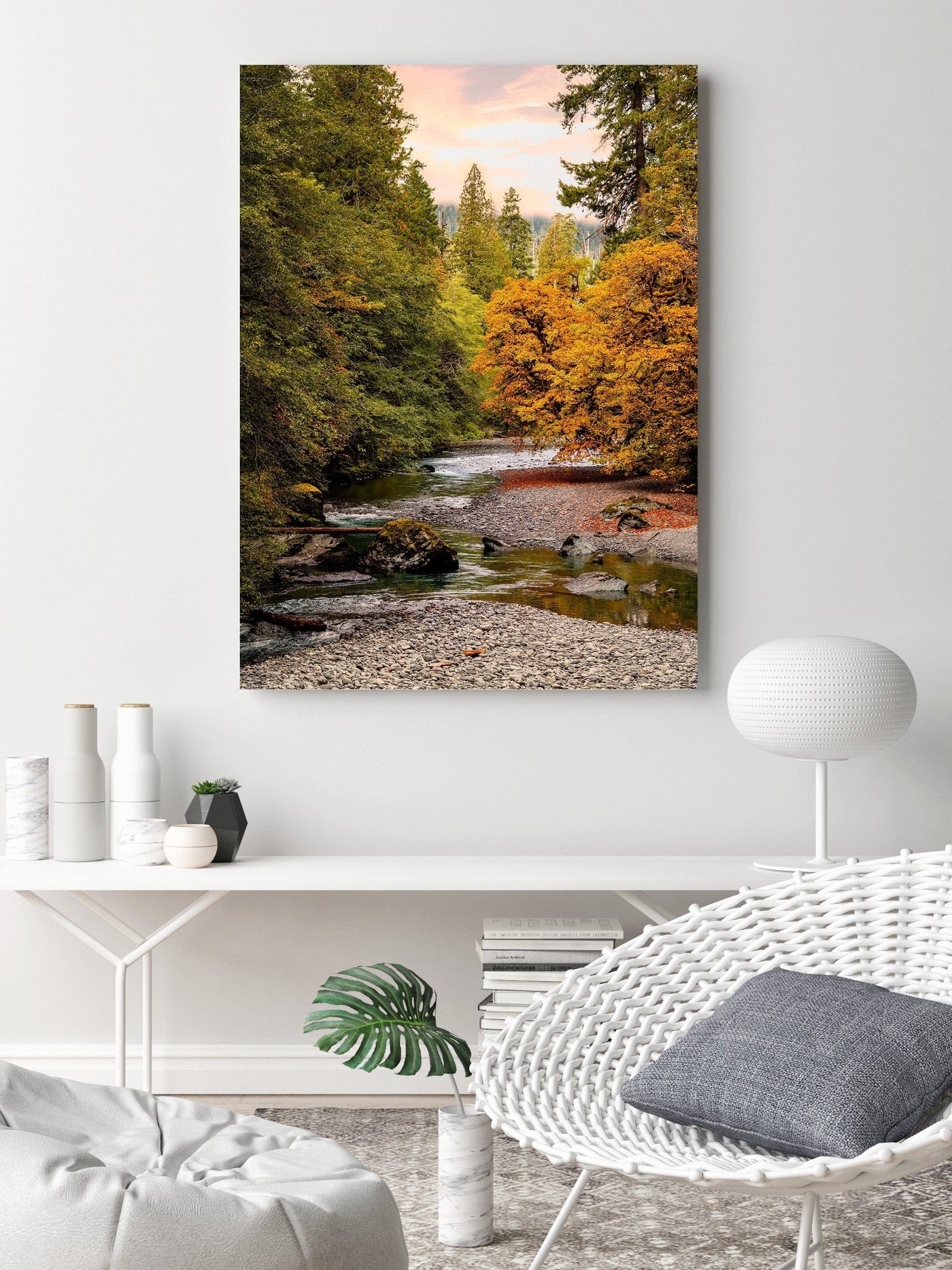 Olympic National Park Autumn River displayed in a styled room interior