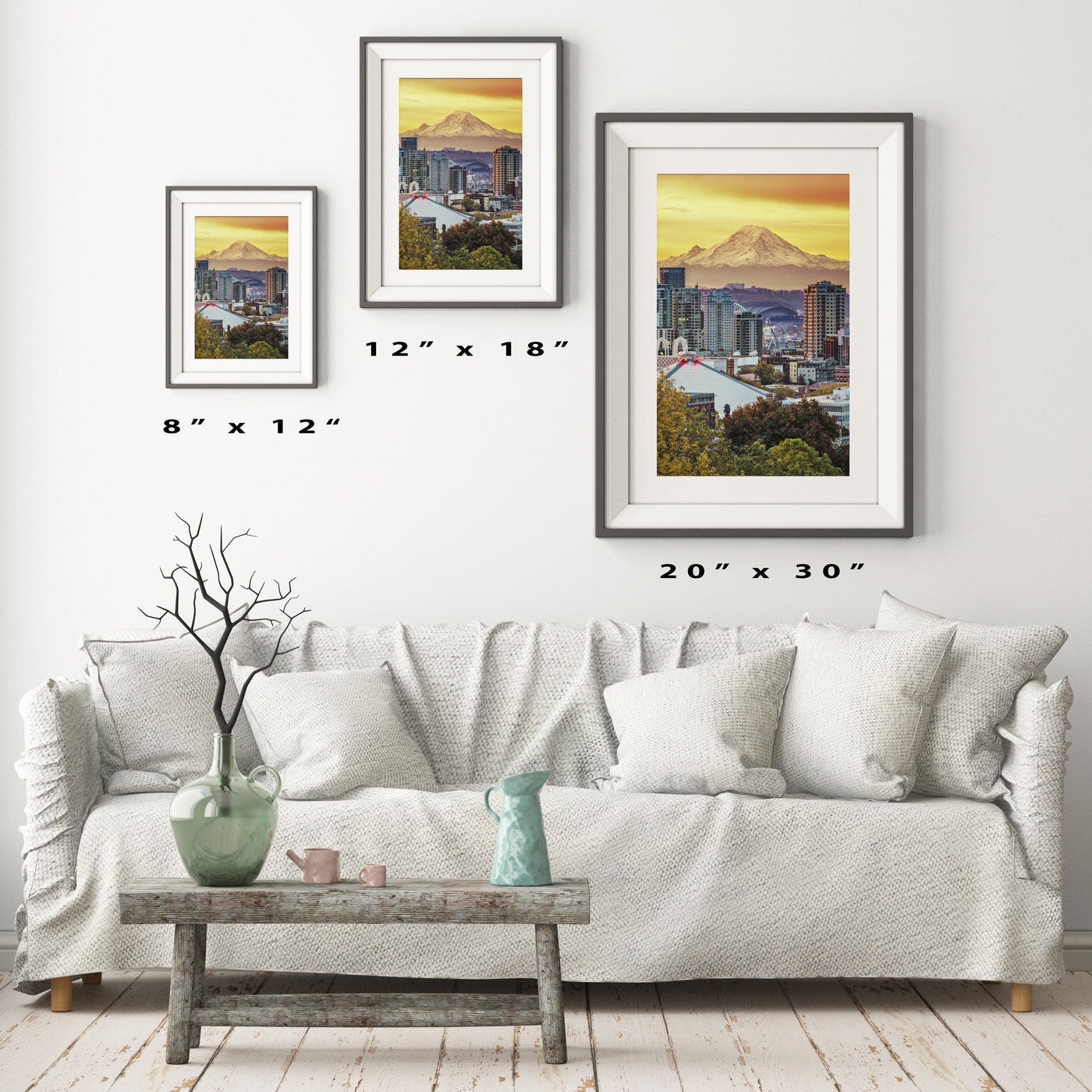 Seattle Skyline and Mount Rainier displayed in a contemporary room interior