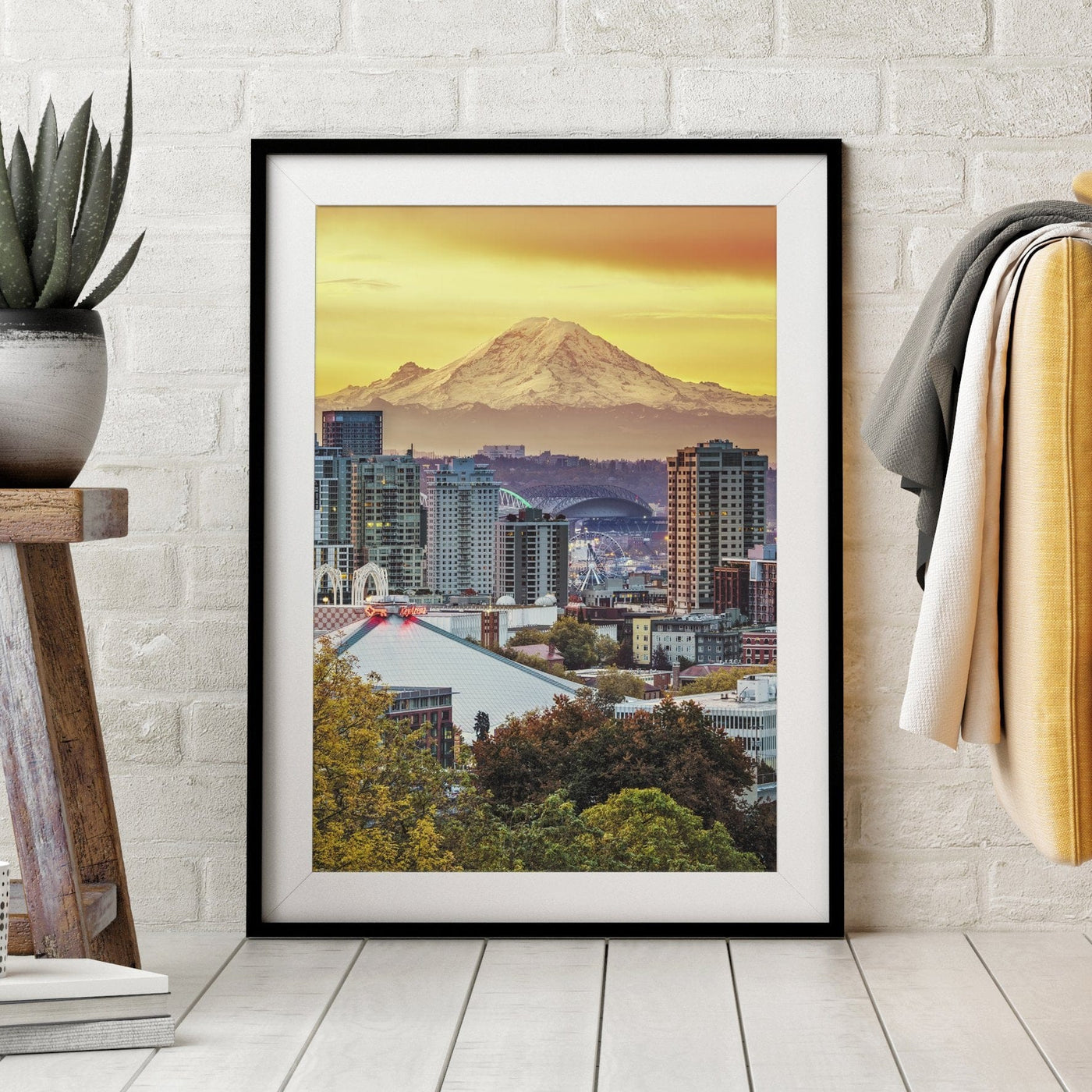Seattle Skyline and Mount Rainier displayed in a styled room interior