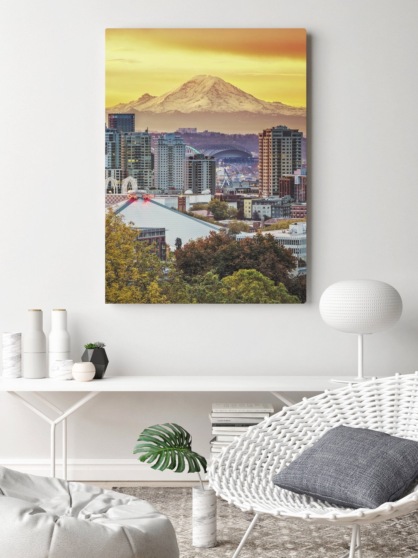 Seattle Skyline and Mount Rainier displayed in a refined room interior