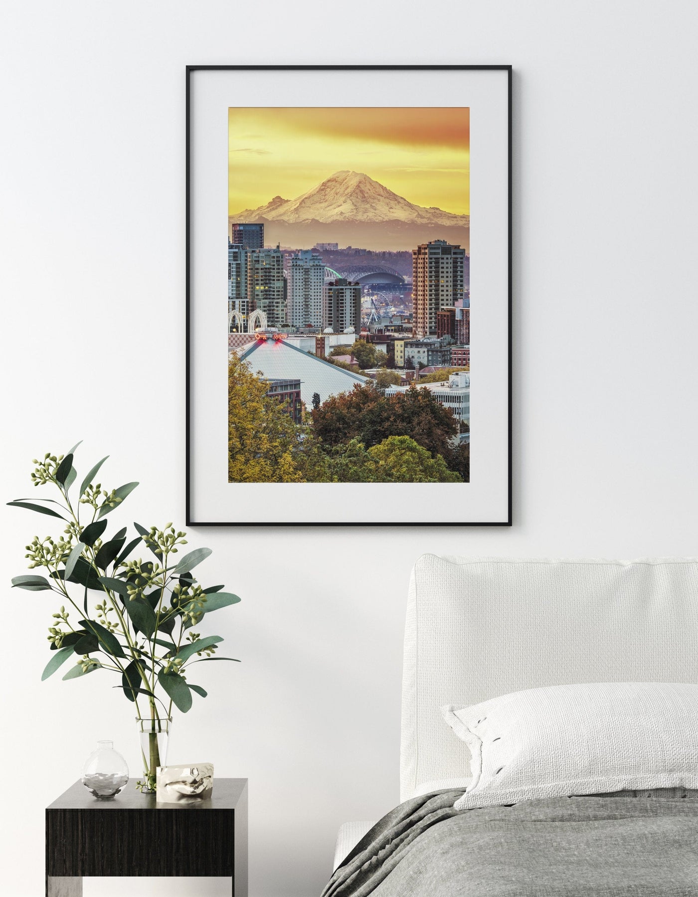 Seattle Skyline and Mount Rainier displayed in an elegant room interior
