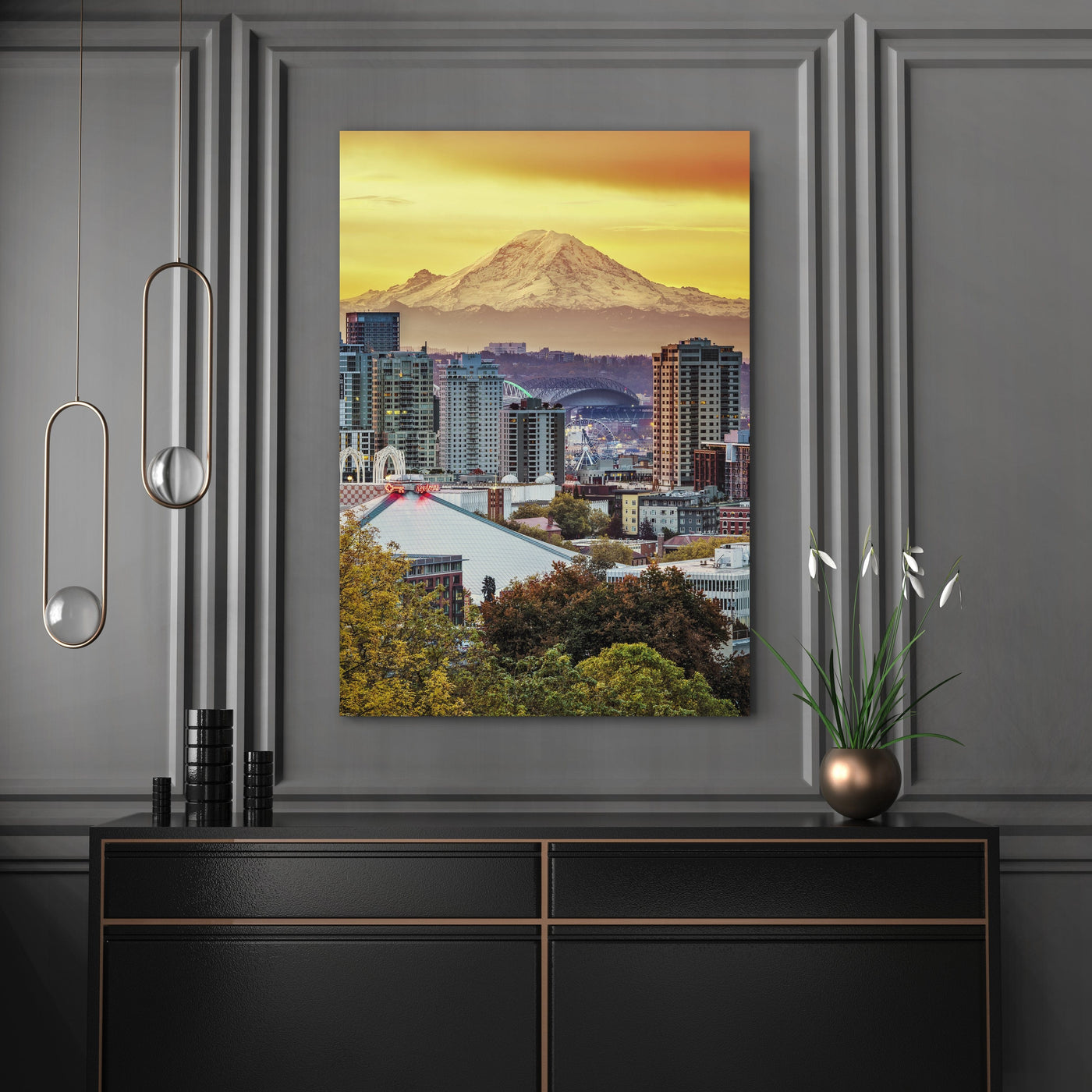 Seattle Skyline and Mount Rainier displayed in a home interior