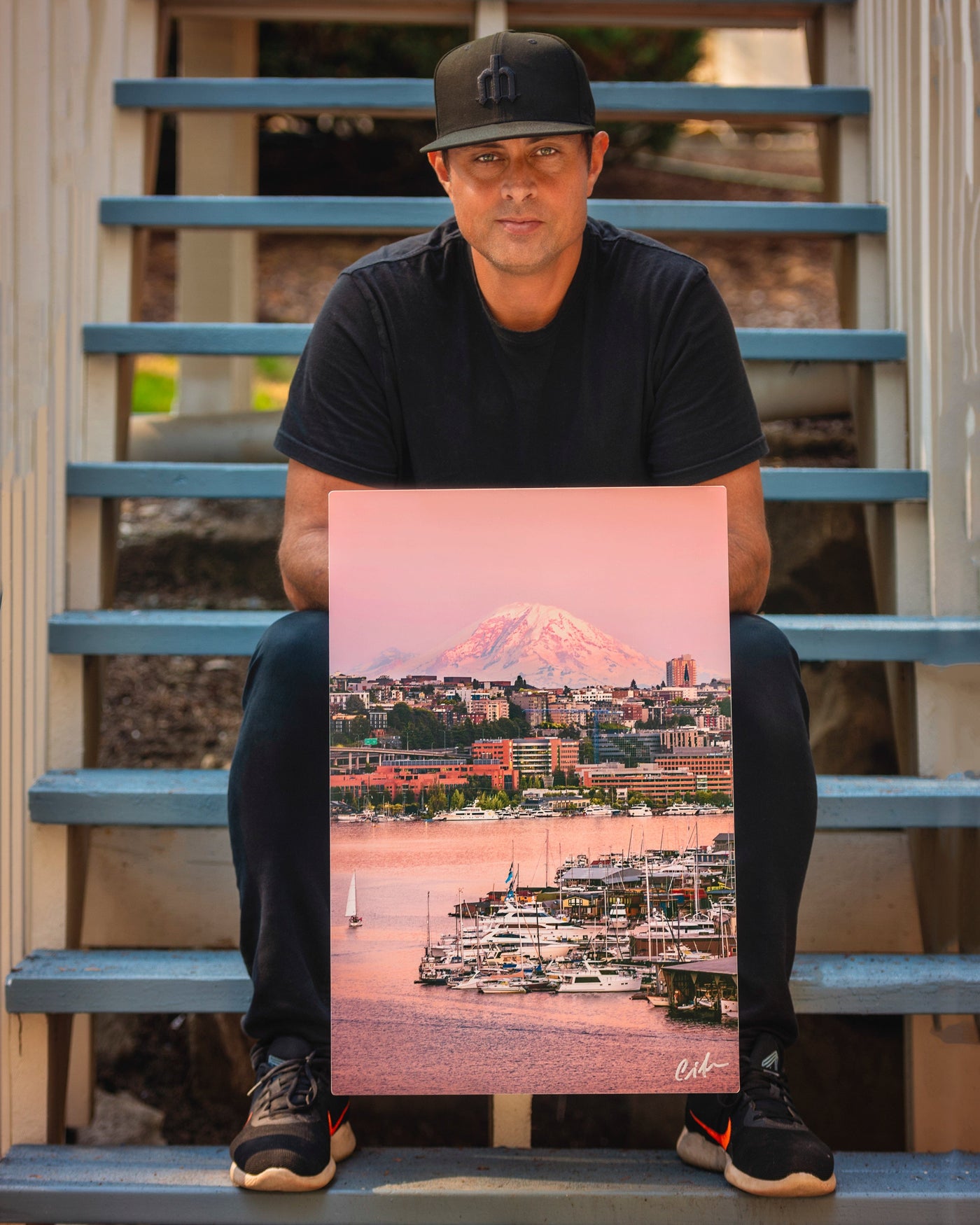 Seattle Lake Union and Mount Rainier displayed in a styled room interior