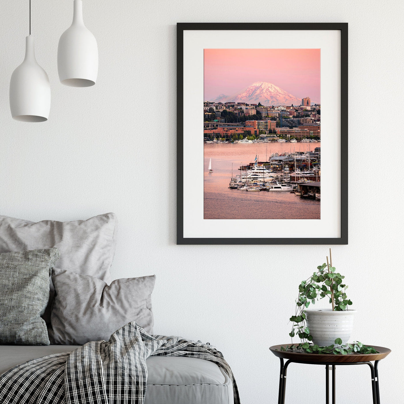 Seattle Lake Union and Mount Rainier displayed in a modern room interior