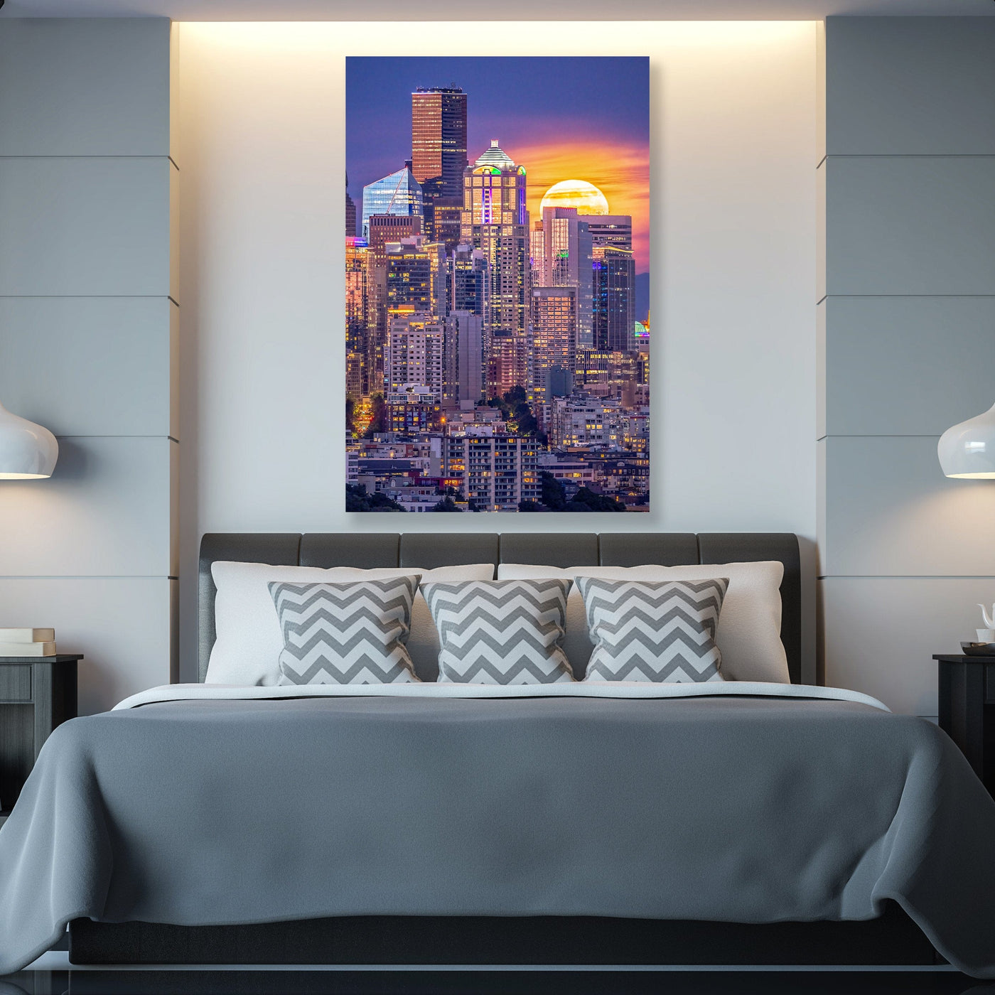 Seattle Supermoon displayed in a styled room interior