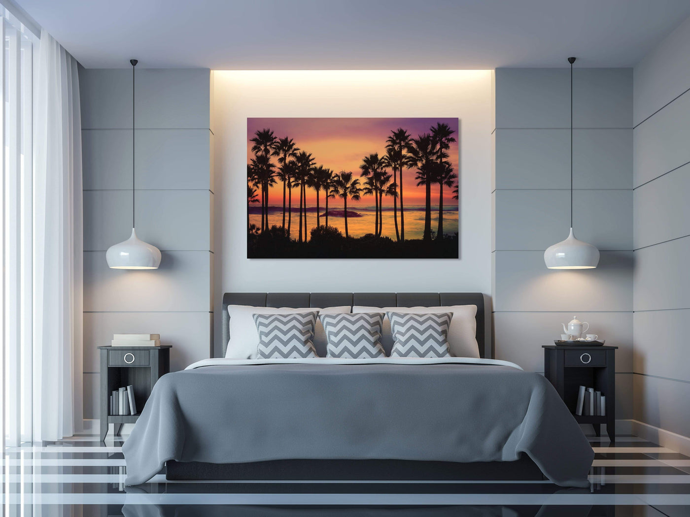 Laguna Beach Palm Tree Sunset displayed in a refined room interior