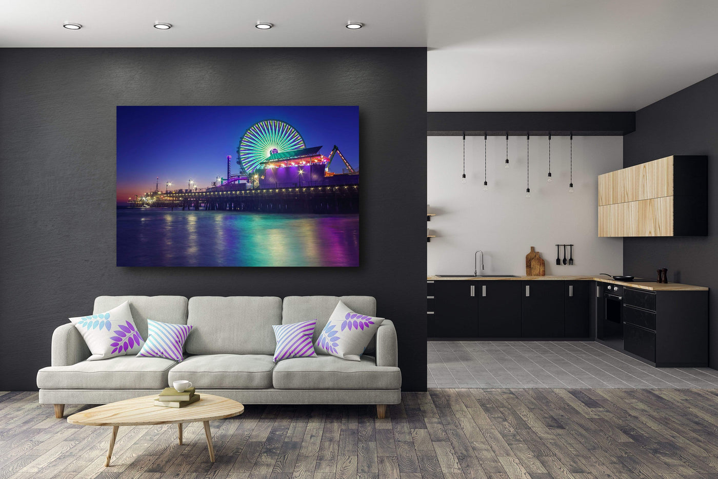 Santa Monica Pier Night displayed in a contemporary room interior