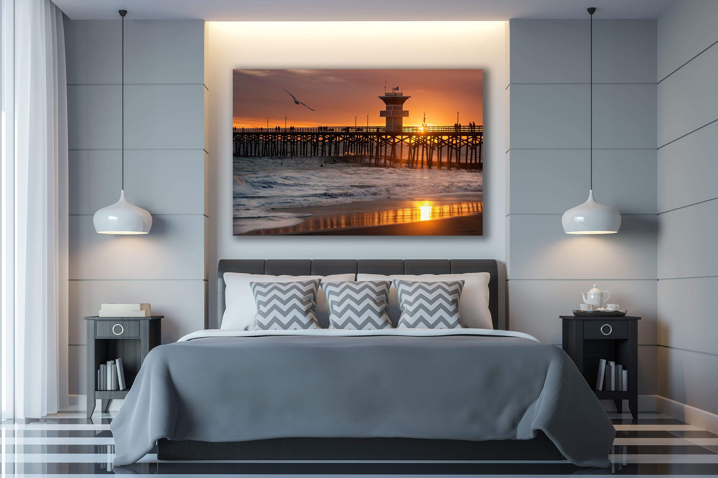 Seal Beach Pier Sunset Limited Edition displayed in a contemporary room interior