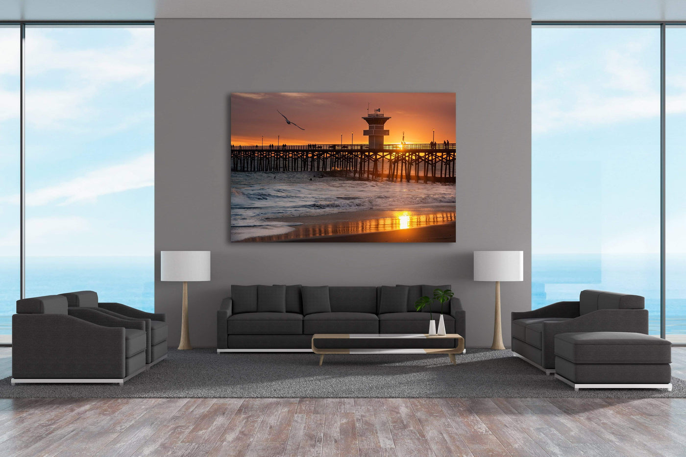 Seal Beach Pier Sunset Limited Edition displayed in a modern room interior