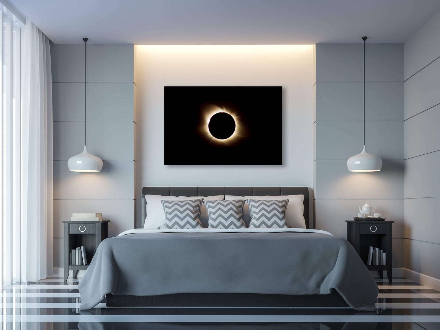 2017 Solar Eclipse Over Grand Teton displayed in a styled room interior