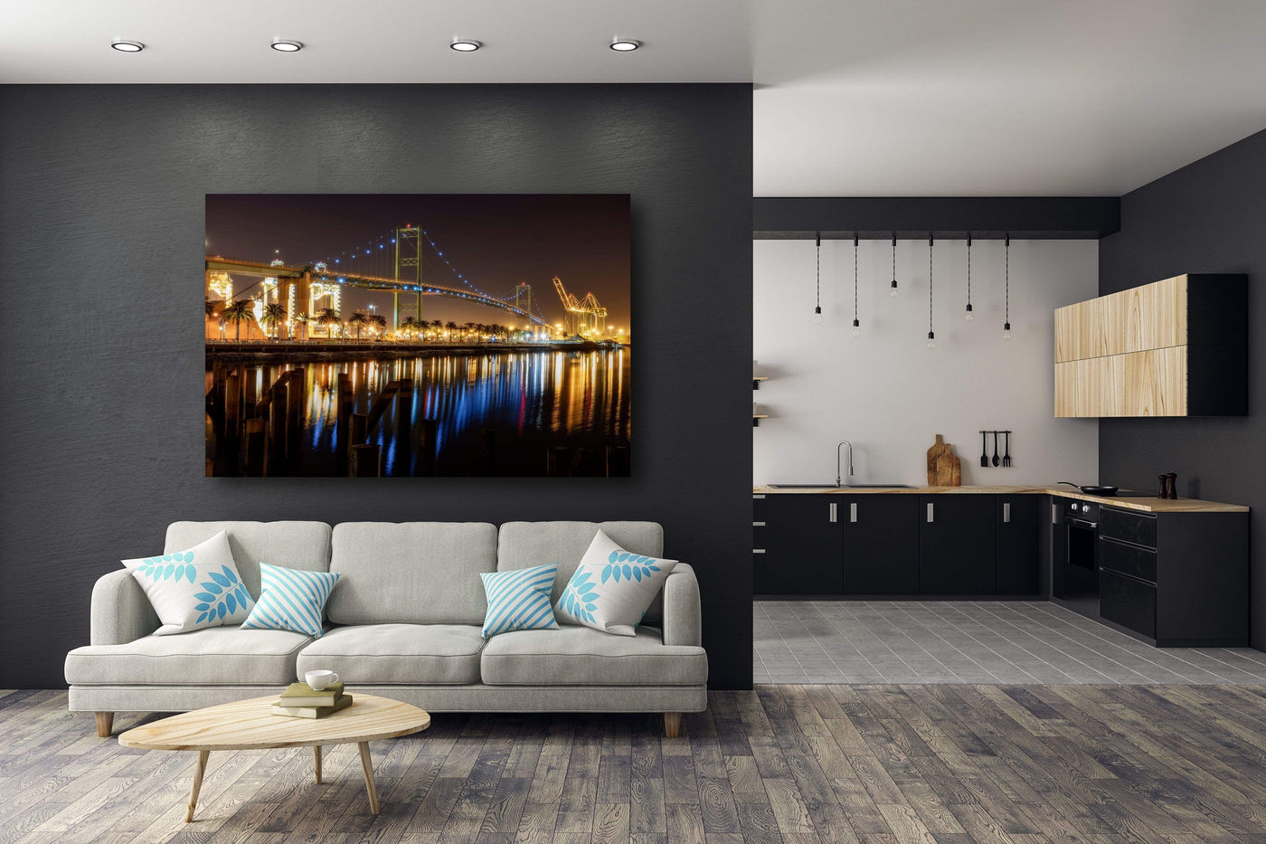 Vincent Thomas Bridge San Pedro Night displayed in a home interior