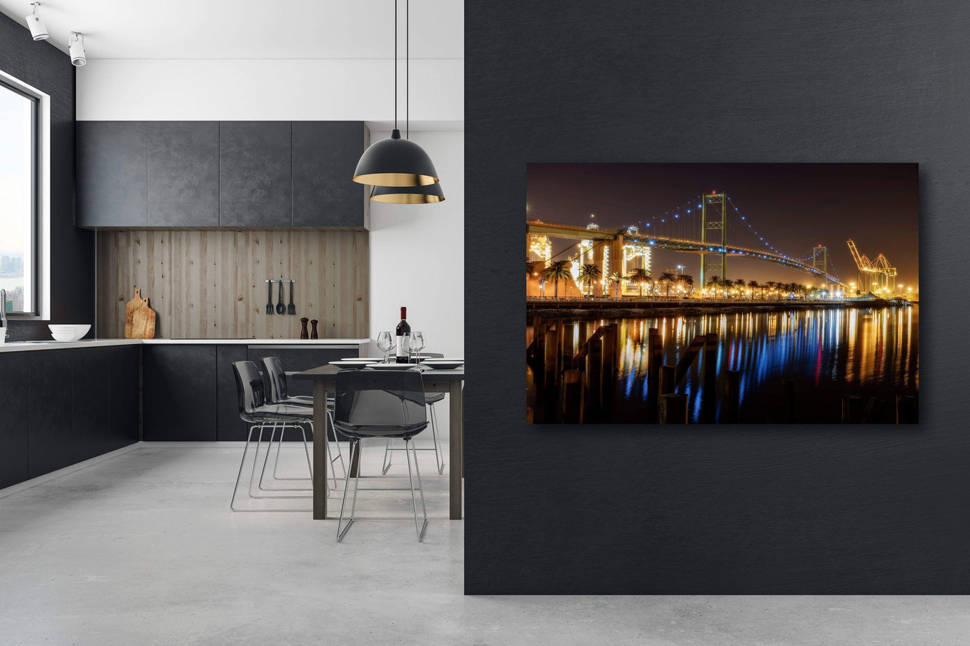 Vincent Thomas Bridge San Pedro Night displayed in a styled room interior