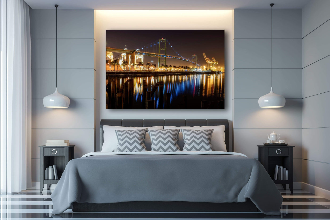 Vincent Thomas Bridge San Pedro Night displayed in a refined room interior