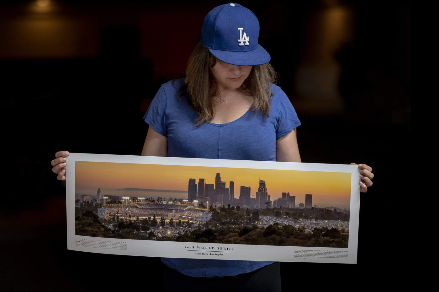 Dodger Stadium 2018 World Series Game 3 Boxscore Poster displayed in a styled room interior 1